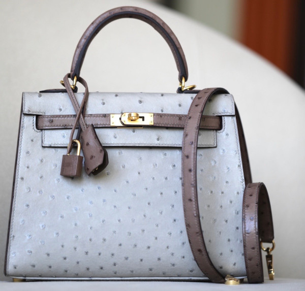 Hermès Special Order Kelly 25 Gris Perle /Etoupe Ostrich With Gold Hardware
