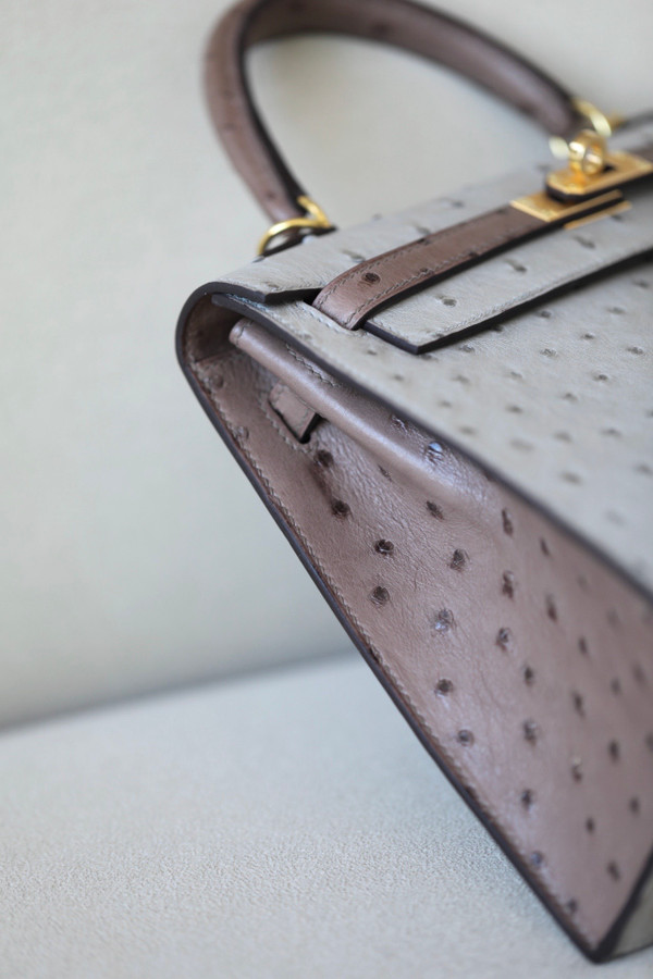 Hermès Special Order Kelly 25 Gris Perle /Etoupe Ostrich With Gold Hardware