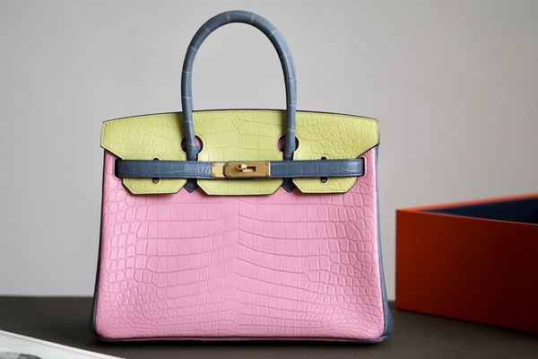 Hermes Special Order Tri Colour Rose Sakura/Jaune Poussin/Blue Lin  Birkin 30 in Niloticus Crocodile with Gold hardware