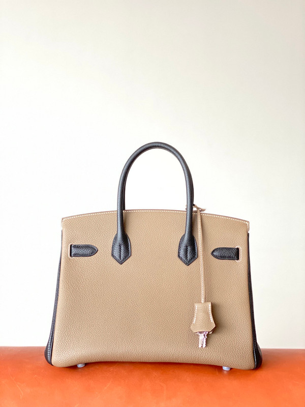 HERMES Special Order BIRKIN 30 Bag Etoupe/ Black Chevre Palladium hardware