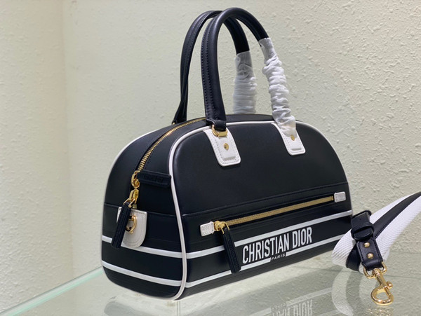 Christian Dior SMALL DIOR VIBE ZIP BOWLING BAG Black and White Smooth Calfskin