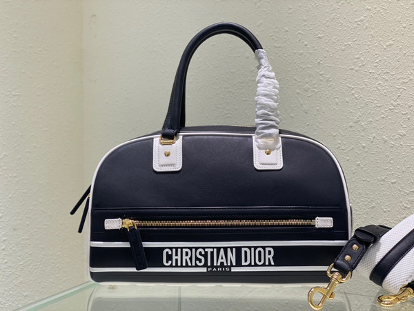 Christian Dior SMALL DIOR VIBE ZIP BOWLING BAG Black and White Smooth Calfskin