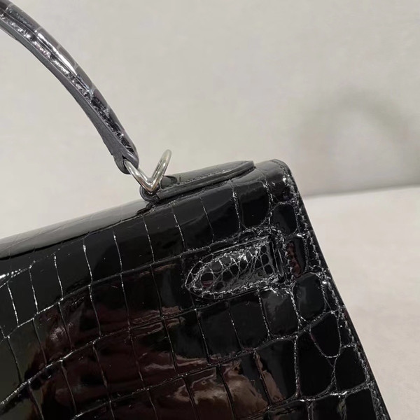 Hermes Kelly 28 Black Crocodile Niloticus Diamond White Gold Top Handle Satchel Bag
