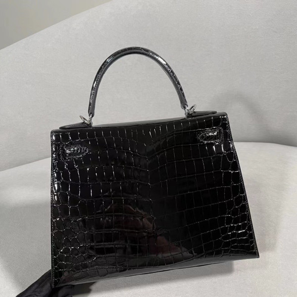 Hermes Kelly 28 Black Crocodile Niloticus Diamond White Gold Top Handle Satchel Bag