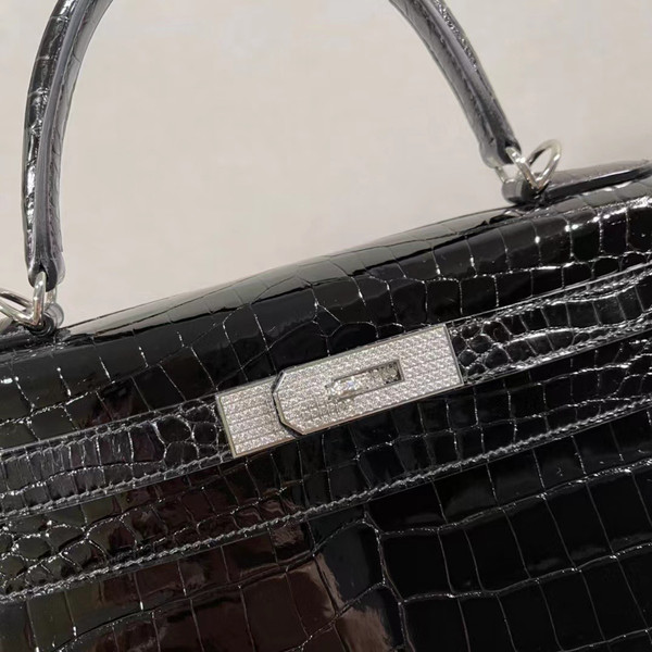 Hermes Kelly 28 Black Crocodile Niloticus Diamond White Gold Top Handle Satchel Bag