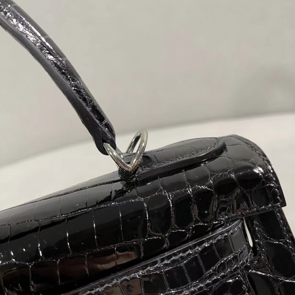 Hermes Kelly 28 Black Crocodile Niloticus Diamond White Gold Top Handle Satchel Bag
