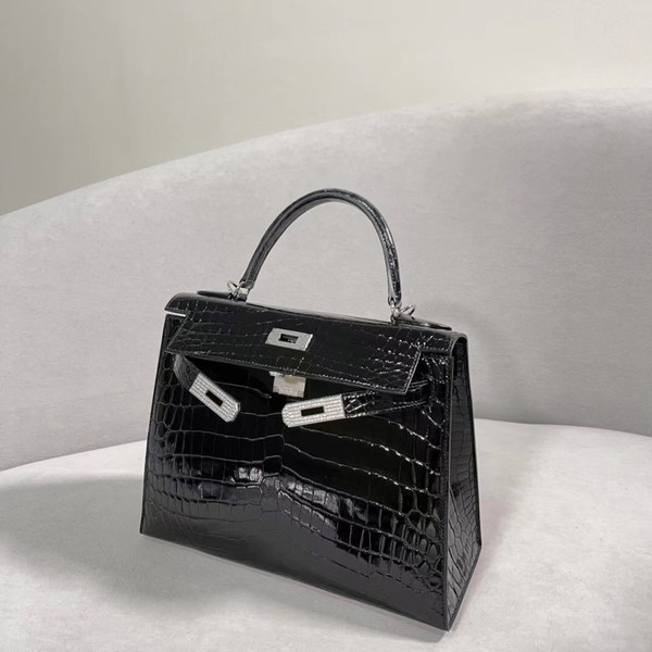 Hermes Kelly 28 Black Crocodile Niloticus Diamond White Gold Top Handle Satchel Bag