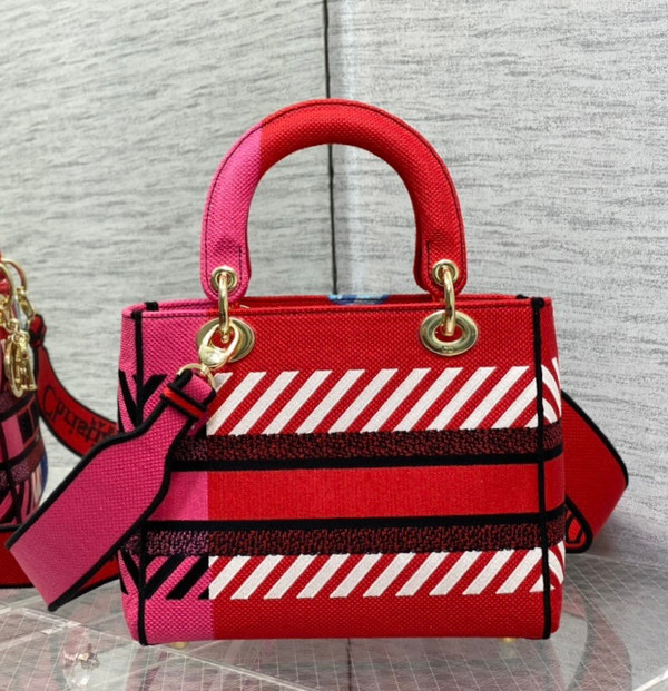 Christian Dior MEDIUM LADY D-LITE BAG Bright Pink Multicolor D-Flower Pop Embroidery
