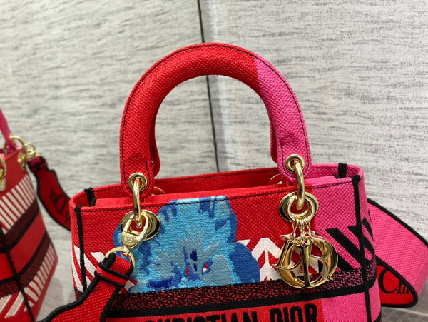 Christian Dior MEDIUM LADY D-LITE BAG Bright Pink Multicolor D-Flower Pop Embroidery