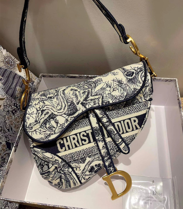 Christina Dior SADDLE BAG Blue Toile de Jouy Embroidery