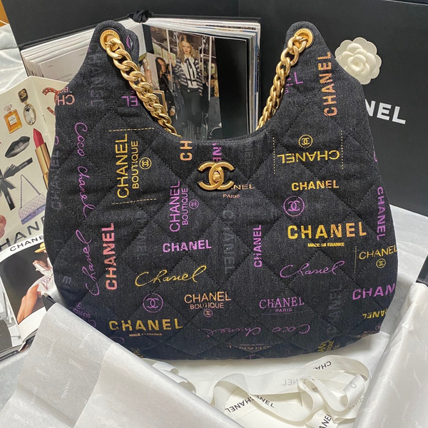 Chanel MAXI BLACK DENIM HOBO BAG