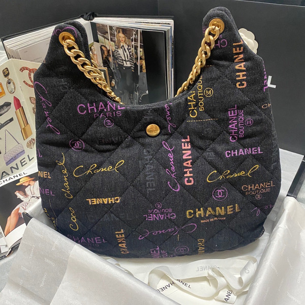 Chanel MAXI BLACK DENIM HOBO BAG