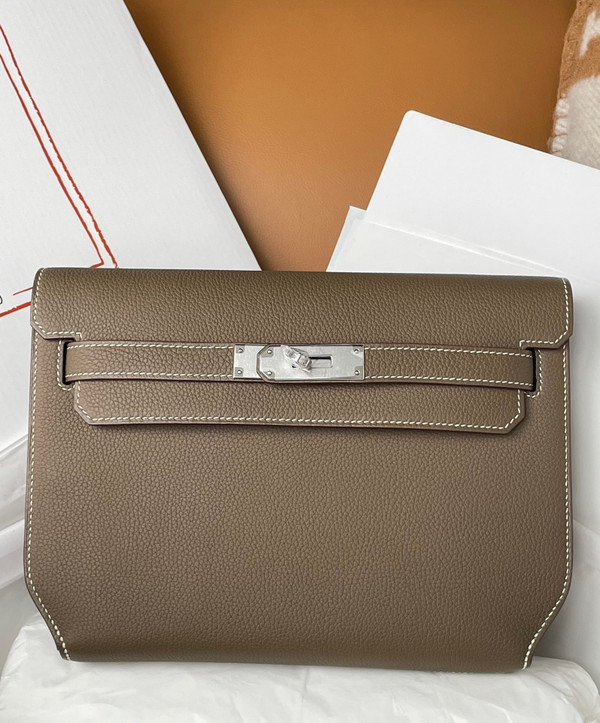 Hermes Kelly Depeches 25 Pochette Etoupe Epsom Palladium Hardware