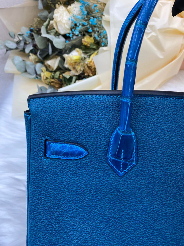 Hermes Birkin Touch 30 Bleu Izmir Shiny Crocodile & Togo leather with Gold Hardware