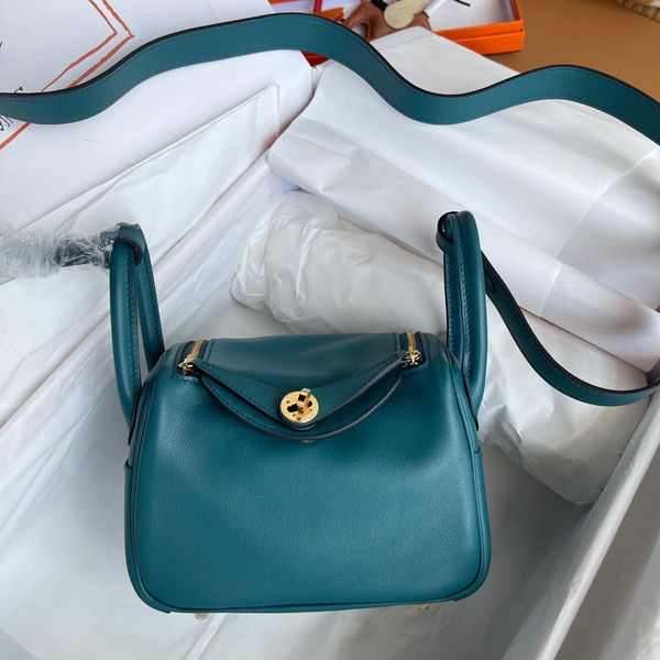 Hermes Mini Lindy 20cm Bag Vert Bosphore Epsom Leather Gold  Hardware