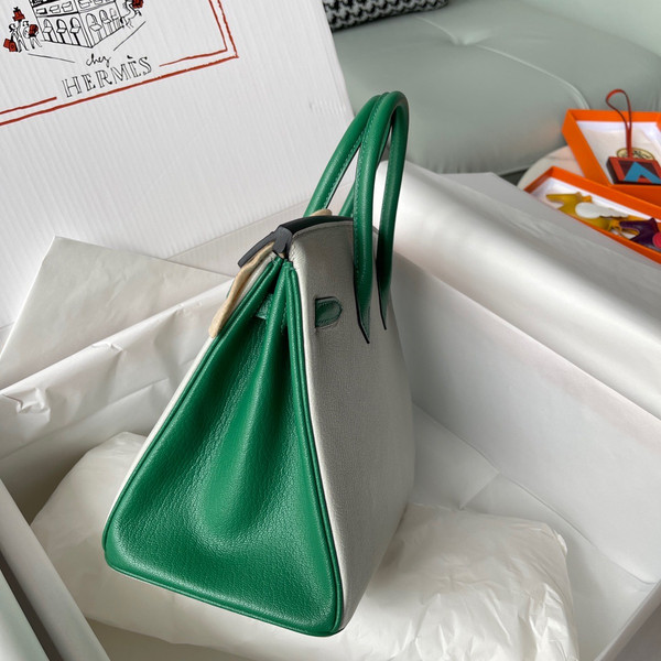 Hermes Birkin 25 Gris Perle/Green Chevre Myzore Goatskin Palladium Hardware