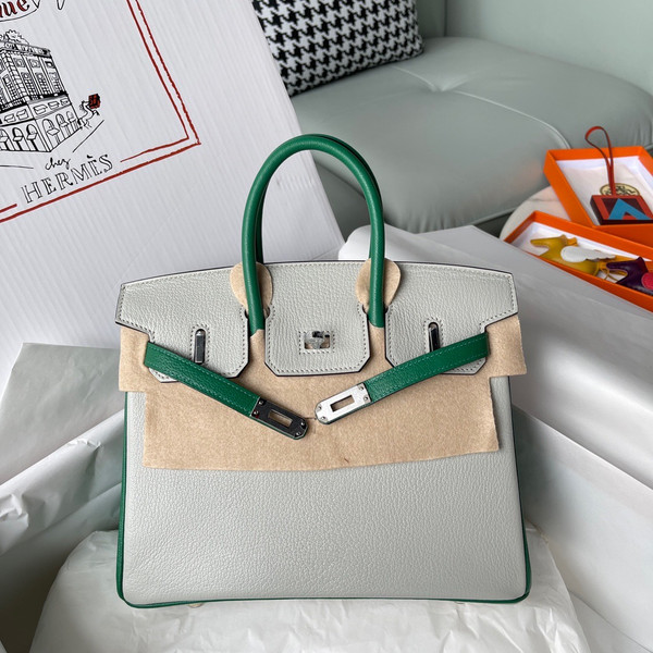 Hermes Birkin 25 Gris Perle/Green Chevre Myzore Goatskin Palladium Hardware
