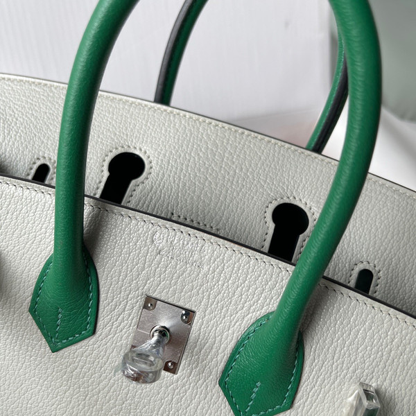 Hermes Birkin 25 Gris Perle/Green Chevre Myzore Goatskin Palladium Hardware