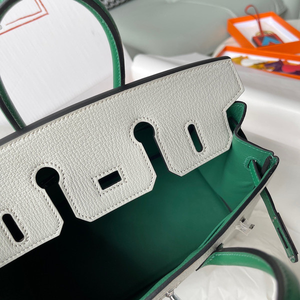 Hermes Birkin 25 Gris Perle/Green Chevre Myzore Goatskin Palladium Hardware