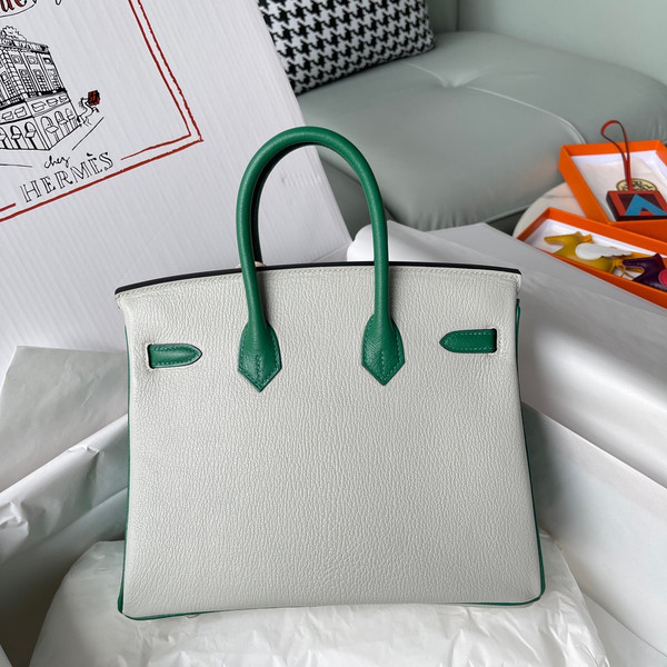 Hermes Birkin 25 Gris Perle/Green Chevre Myzore Goatskin Palladium Hardware