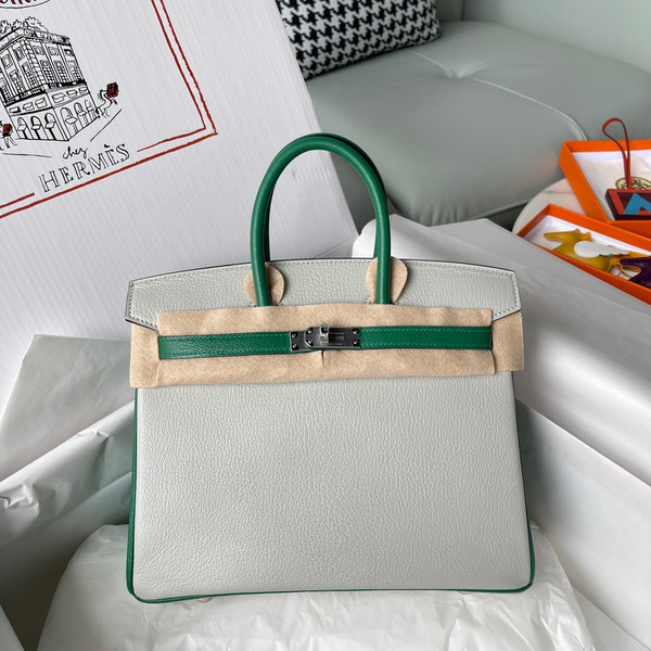Hermes Birkin 25 Gris Perle/Green Chevre Myzore Goatskin Palladium Hardware