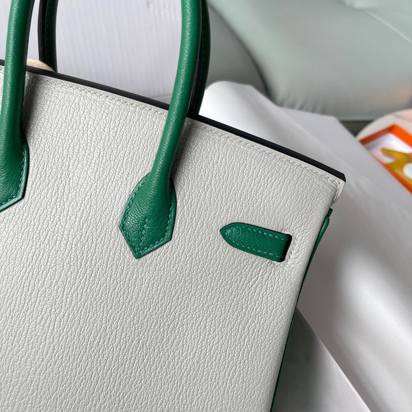 Hermes Birkin 25 Gris Perle/Green Chevre Myzore Goatskin Palladium Hardware