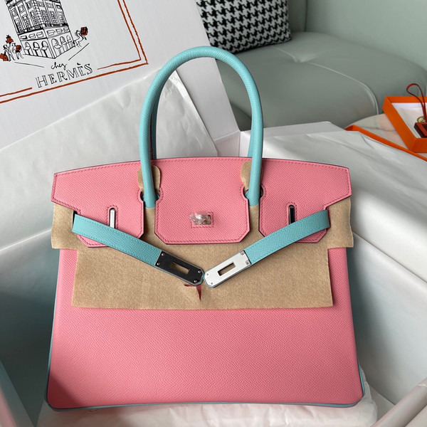 Hermès Special Order Rose Confetti/Blue Birkin 30 cm Epsom Leather Palladium Hardware