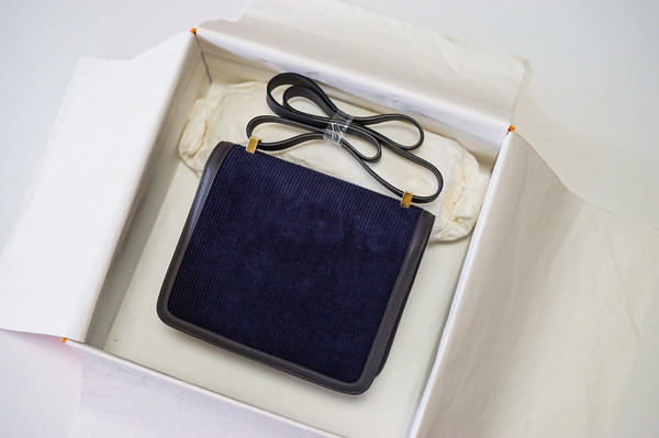 Hermès Navy Corduroy Constance 19cm  Gold GHW