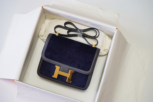 Hermès Navy Corduroy Constance 19cm  Gold GHW