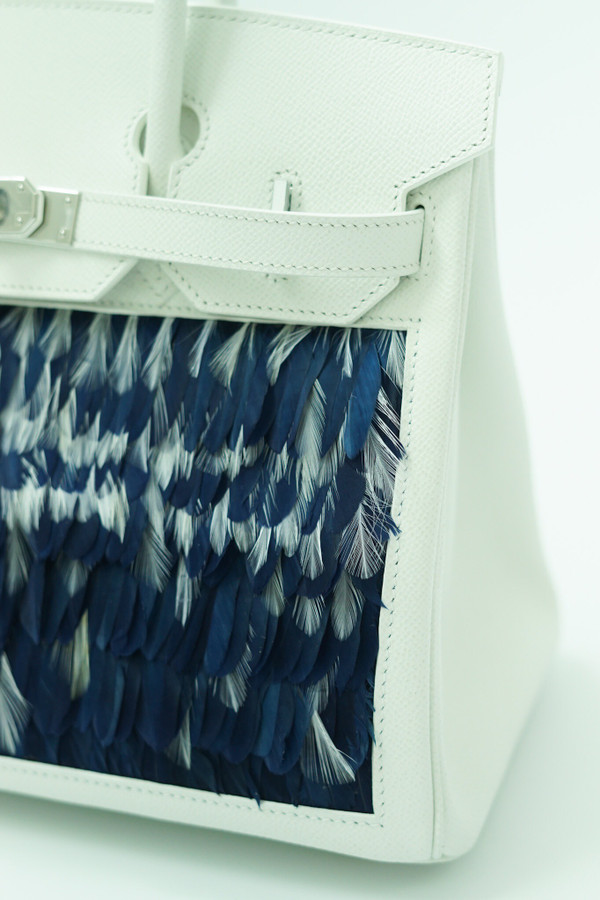 Vintage Hermès Birkin 30 White Epsom with Custom Feather Panel & Palladium Hardware