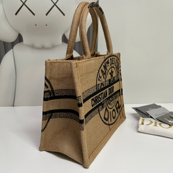 CHRISTIAN DIOR MEDIUM DIOR BOOK TOTE Beige Jute Canvas Embroidered with Dior Union Motif