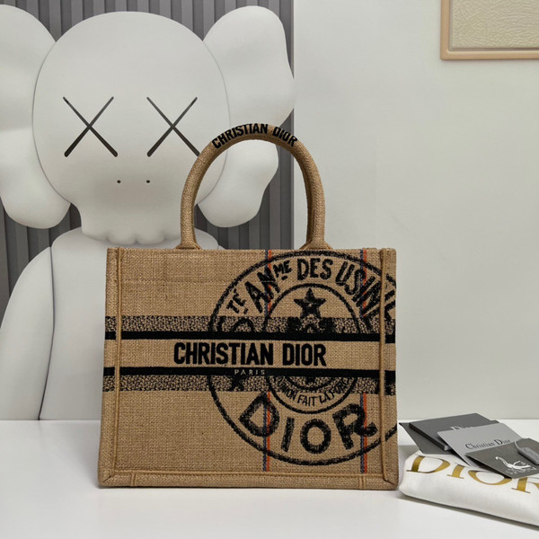 CHRISTIAN DIOR MEDIUM DIOR BOOK TOTE Beige Jute Canvas Embroidered with Dior Union Motif