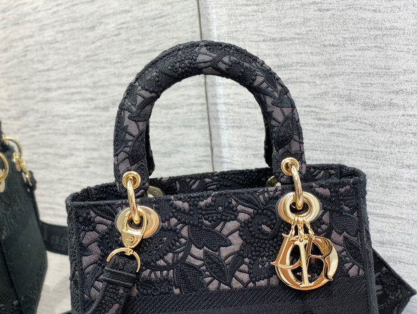 Christian Dior MEDIUM LADY D-LITE BAG Natural Embroidery with Macramé Effect  Black