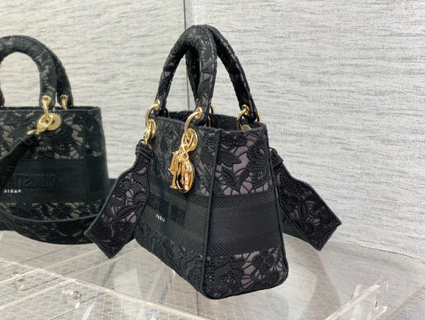 Christian Dior MEDIUM LADY D-LITE BAG Natural Embroidery with Macramé Effect  Black