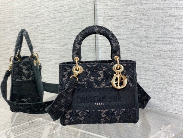 Christian Dior MEDIUM LADY D-LITE BAG Natural Embroidery with Macramé Effect  Black