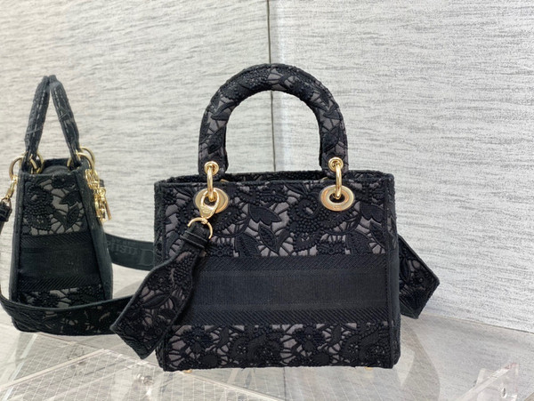Christian Dior MEDIUM LADY D-LITE BAG Natural Embroidery with Macramé Effect  Black