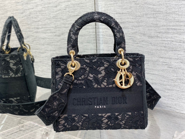 Christian Dior MEDIUM LADY D-LITE BAG Natural Embroidery with Macramé Effect  Black