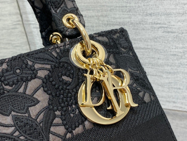 Christian Dior MEDIUM LADY D-LITE BAG Natural Embroidery with Macramé Effect  Black