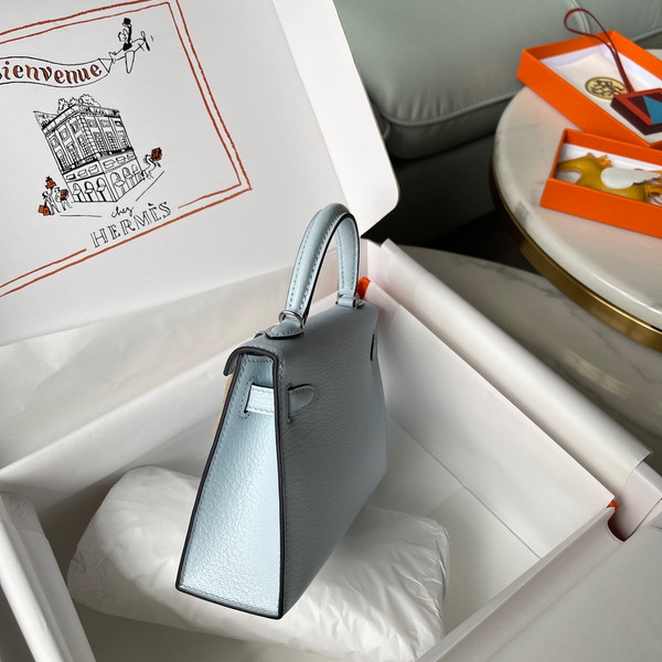 Hermès Bleu Pale  Mini Kelly II Chevre  Mysore Leather Palladium hardware