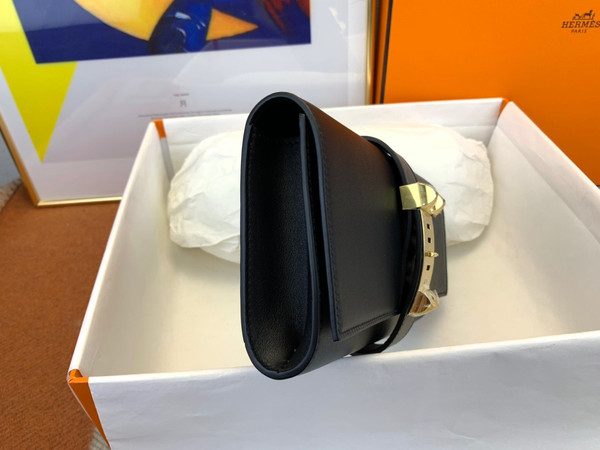 HERMES 23cm Black Swift Leather Gold Plated Medor Clutch Bag