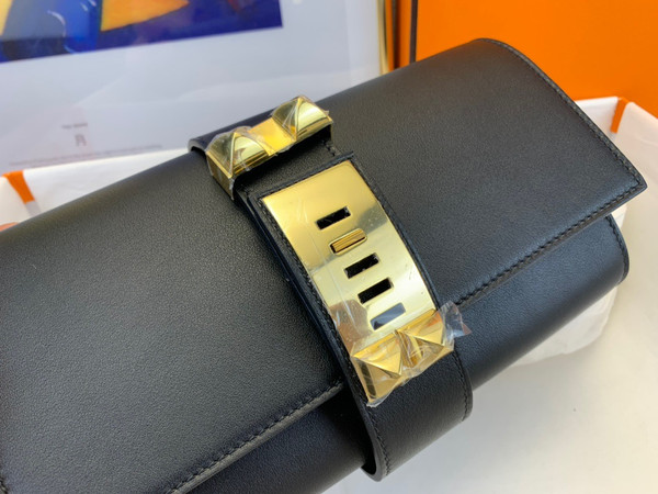 HERMES 23cm Black Swift Leather Gold Plated Medor Clutch Bag