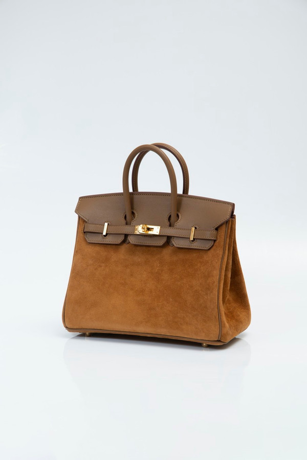 Hermes Birkin 25 Doblis Bag Brown Suede Gold Hardware
