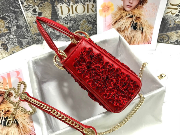 Christian Dior Mini LADY DIOR BAG Red Printed Calfskin with Multicolor Dior In Lights Pearl and Thread Embroidery