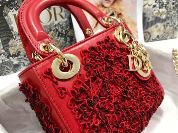 Christian Dior Mini LADY DIOR BAG Red Printed Calfskin with Multicolor Dior In Lights Pearl and Thread Embroidery