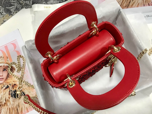 Christian Dior Mini LADY DIOR BAG Red Printed Calfskin with Multicolor Dior In Lights Pearl and Thread Embroidery