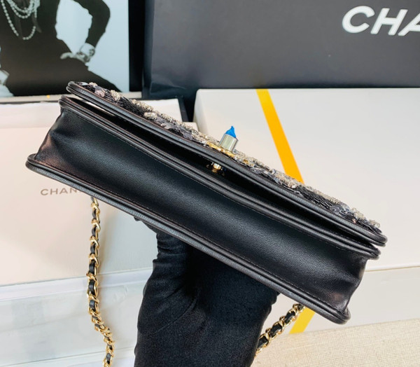 Chanel Limited Edition Embroidered Satin WALLET ON CHAIN BLACK