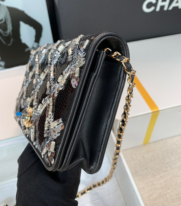Chanel Limited Edition Embroidered Satin WALLET ON CHAIN BLACK