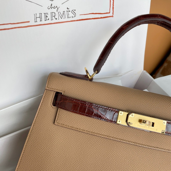 HERMES KELLY 28 TOUCH CHAI EPSOM/ALLIGATOR GOLD HARDWARE