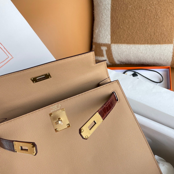 HERMES KELLY 28 TOUCH CHAI EPSOM/ALLIGATOR GOLD HARDWARE