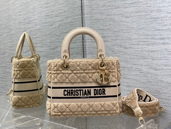 Christian Dior MEDIUM LADY D-LITE BAG Latte Cannage Shearling  Brown